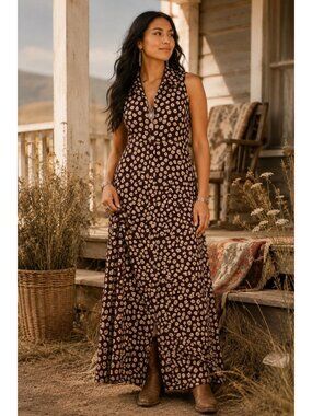 Luca Vintage Floral Maxi Dress Brown Daisy Print Sleeveless Button Front Cottage